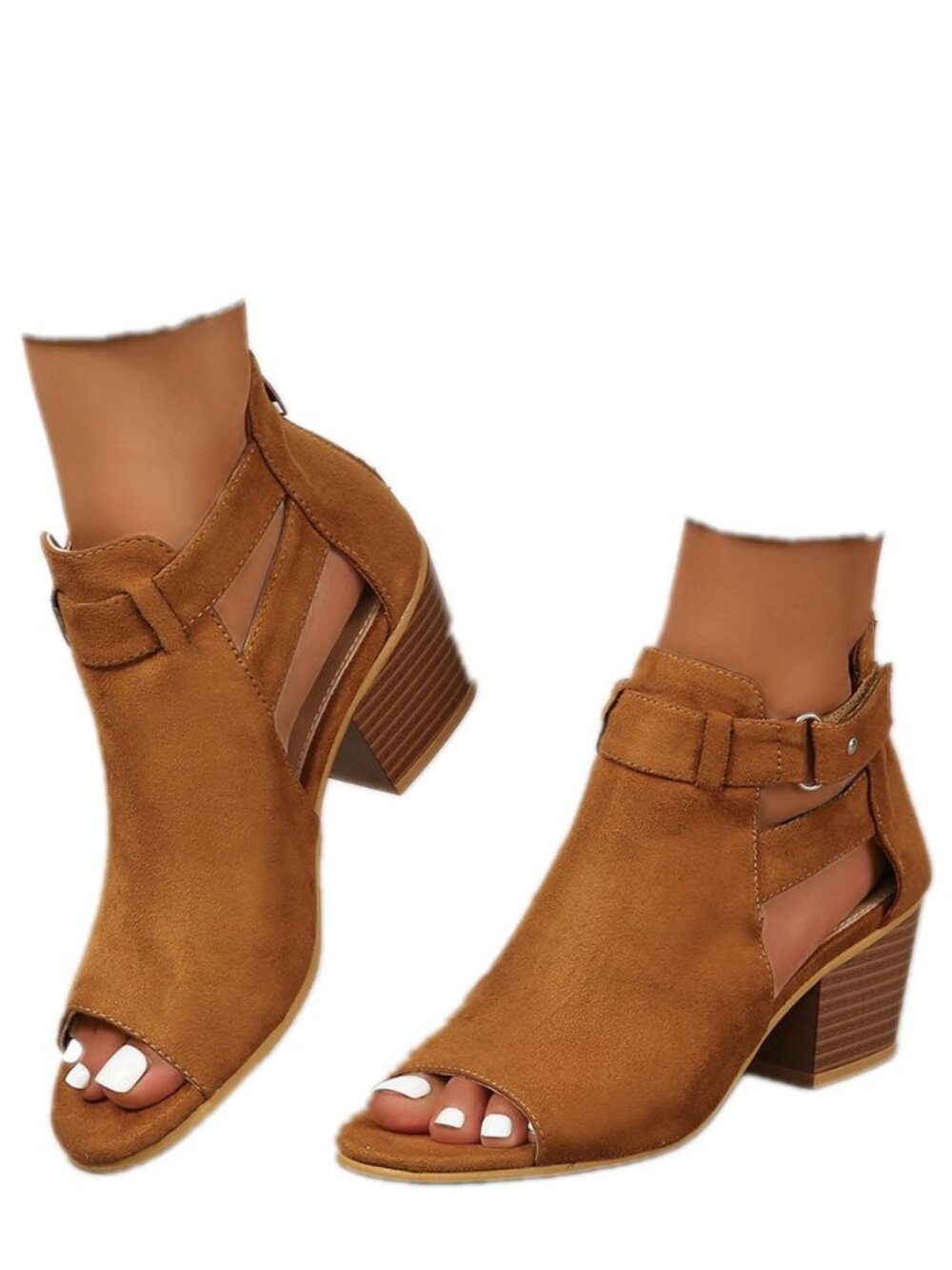 Womens Peep Toe Ankle Booties Chunky Heels Cutout Back Zipper Sandals Suede Side